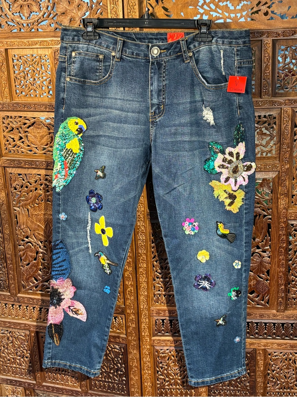 NWT Cristina Dark Blue Embellished Cropped Jeans with Multicolor Sequin Appliqué